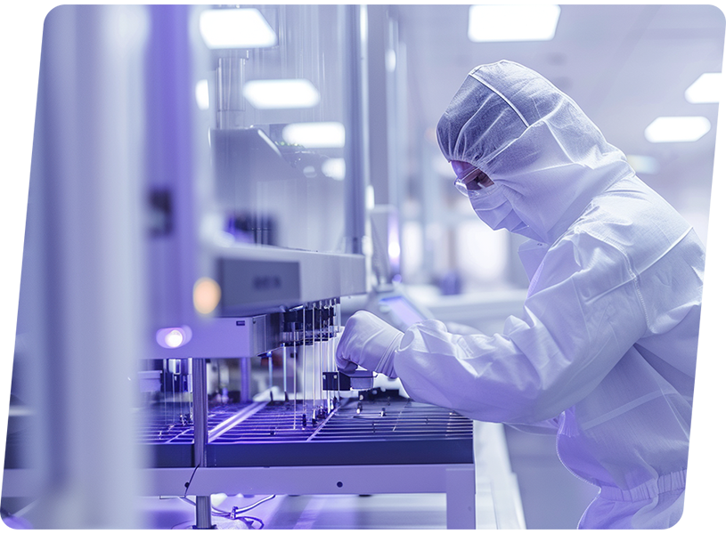 A production worker works in a cleanroom in the medical technology industry