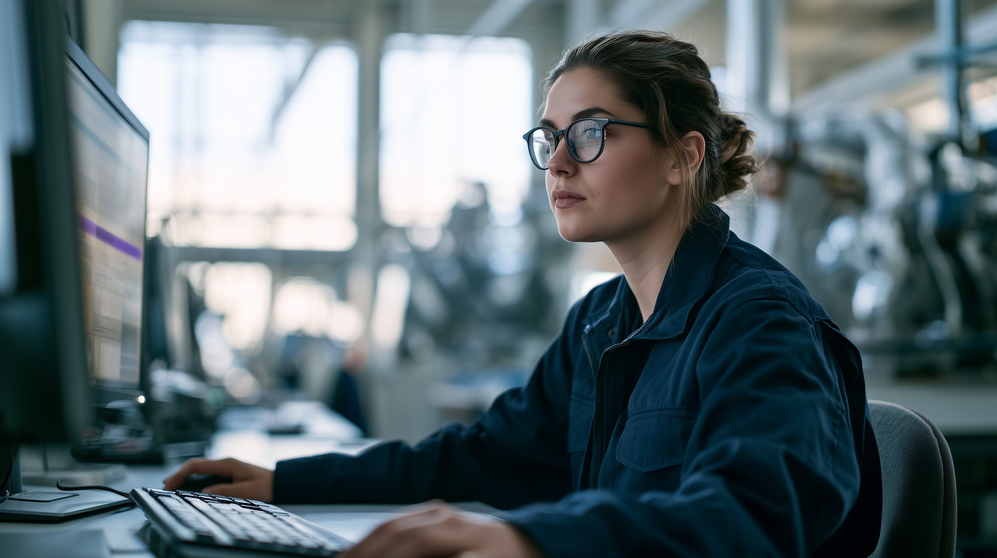 Werkerin sitzt am Arbeitsplatz vor dem Computer